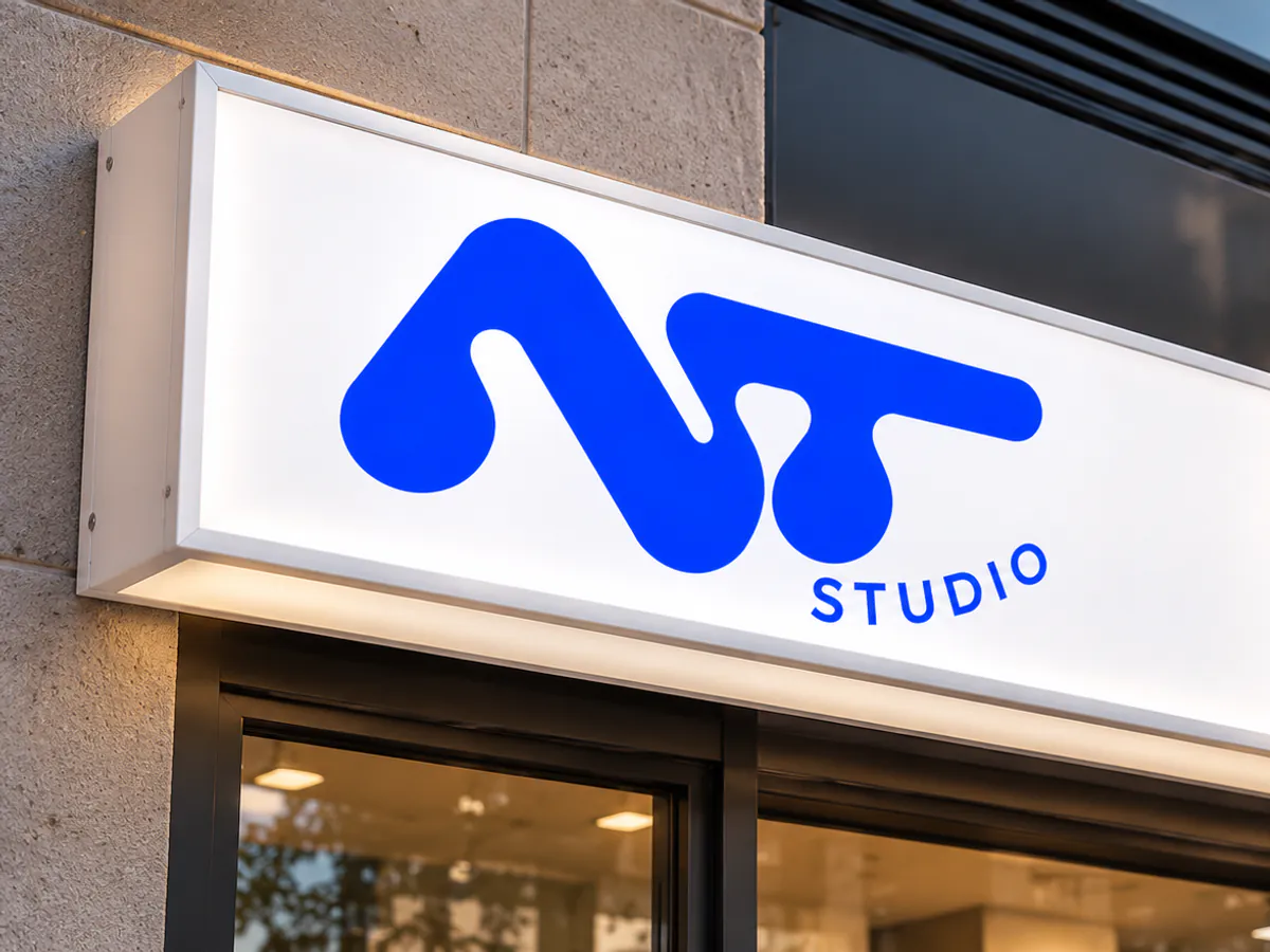 Cajón luminoso blanco con logotipo azul sobre un escaparate