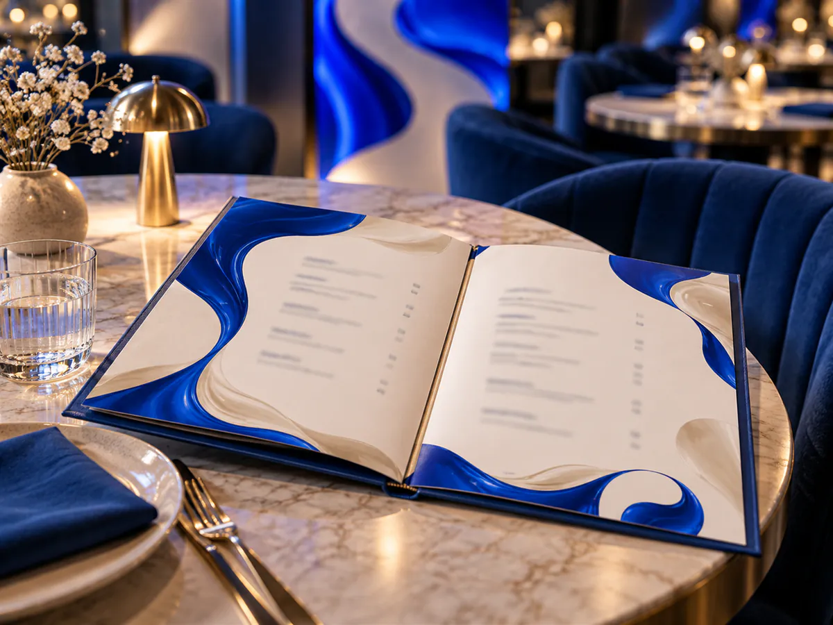 Carta de restaurante abierta sobre la mesa de un comedor