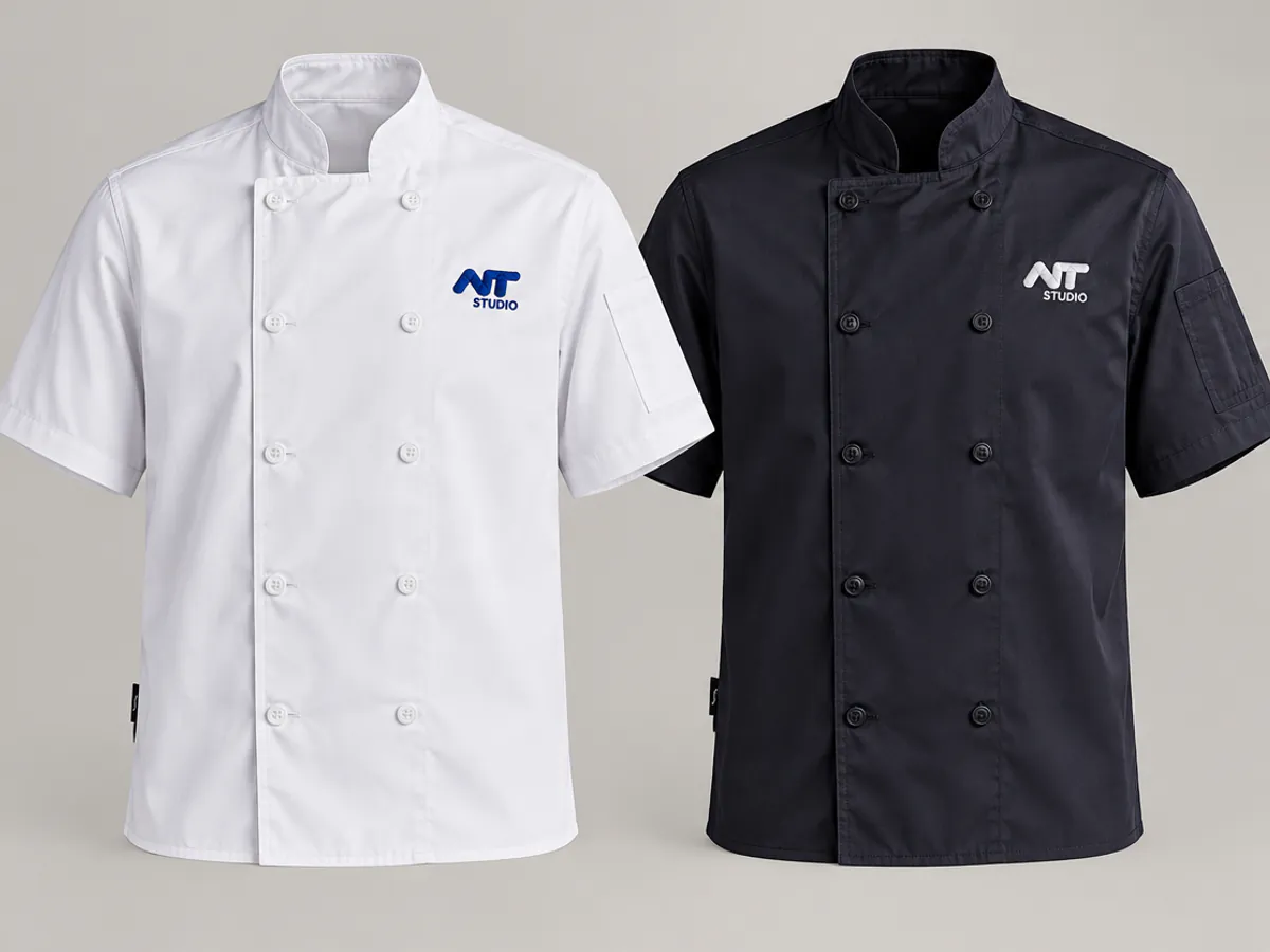 Chaquetas de cocina blanca y negra con bordado en el pecho