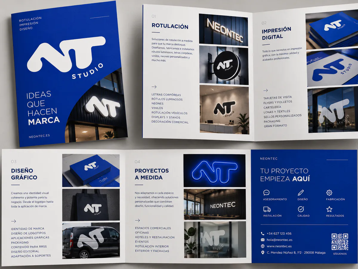 Tríptico corporativo abierto con fotos de trabajos