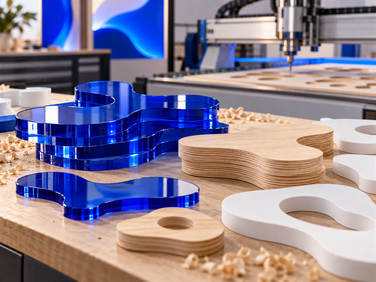 Piezas fresadas en metacrilato azul, madera y PVC blanco sobre la mesa del taller