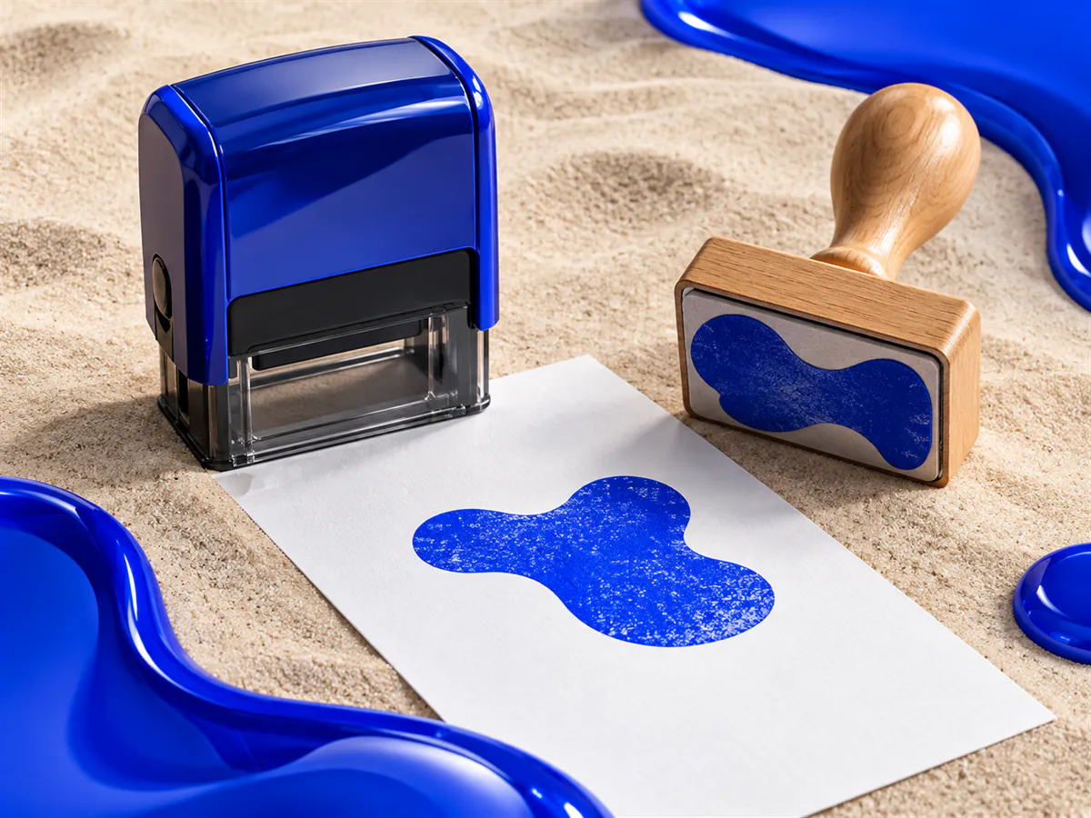 Sello automático y sello de madera con una impresión azul sobre papel