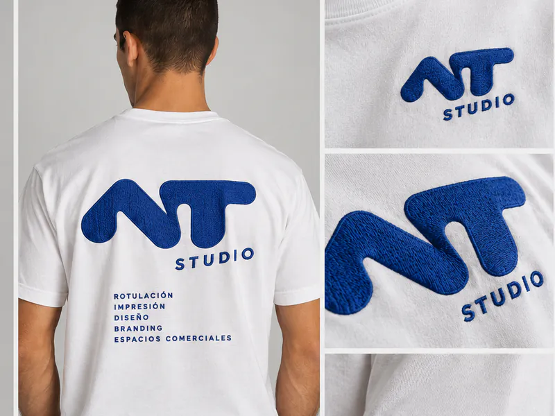 Camiseta blanca con el logotipo azul bordado, por delante y por detrás